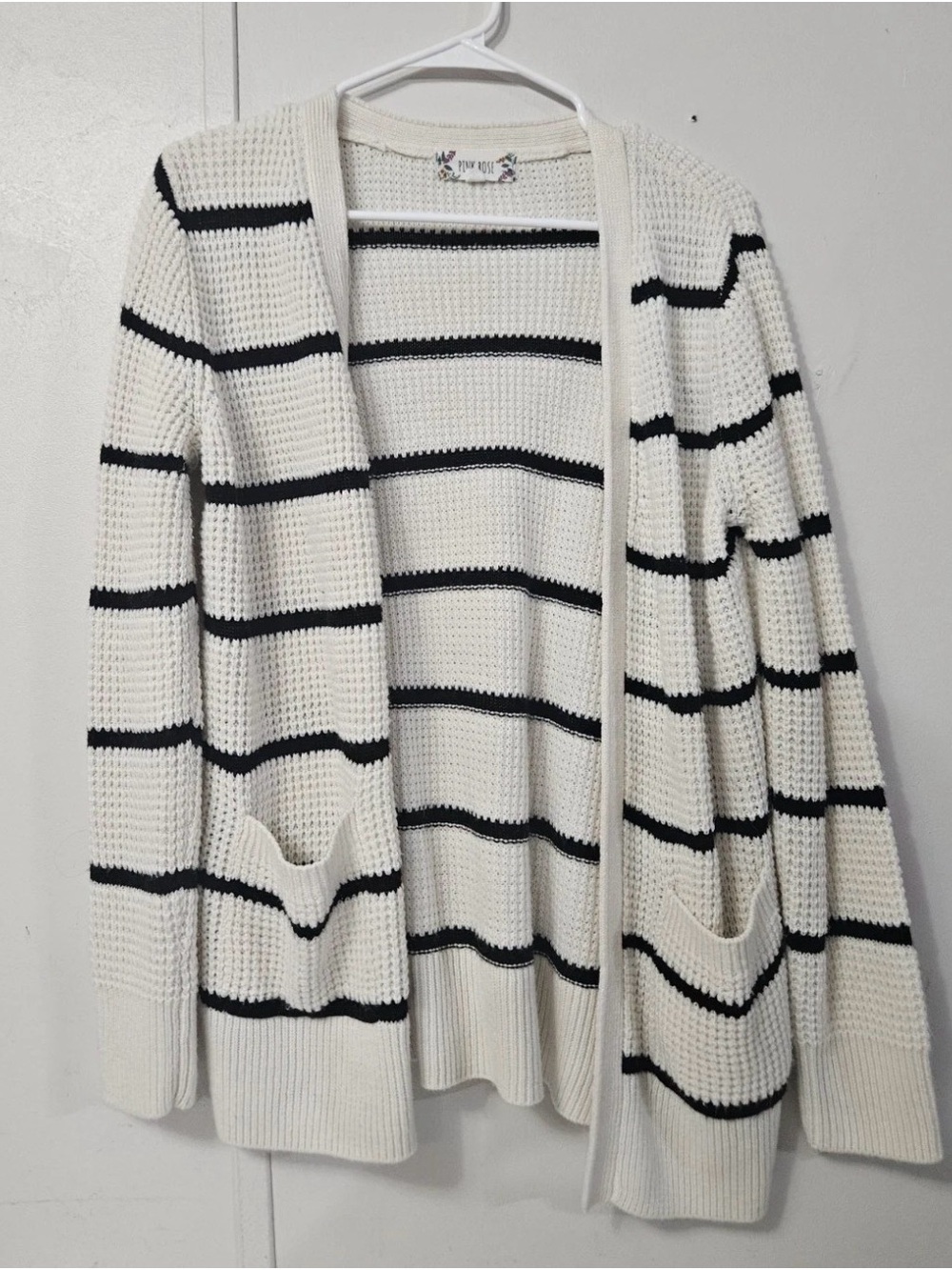 Pink Rose Cream and Black Striped Open-Front Cardigan
